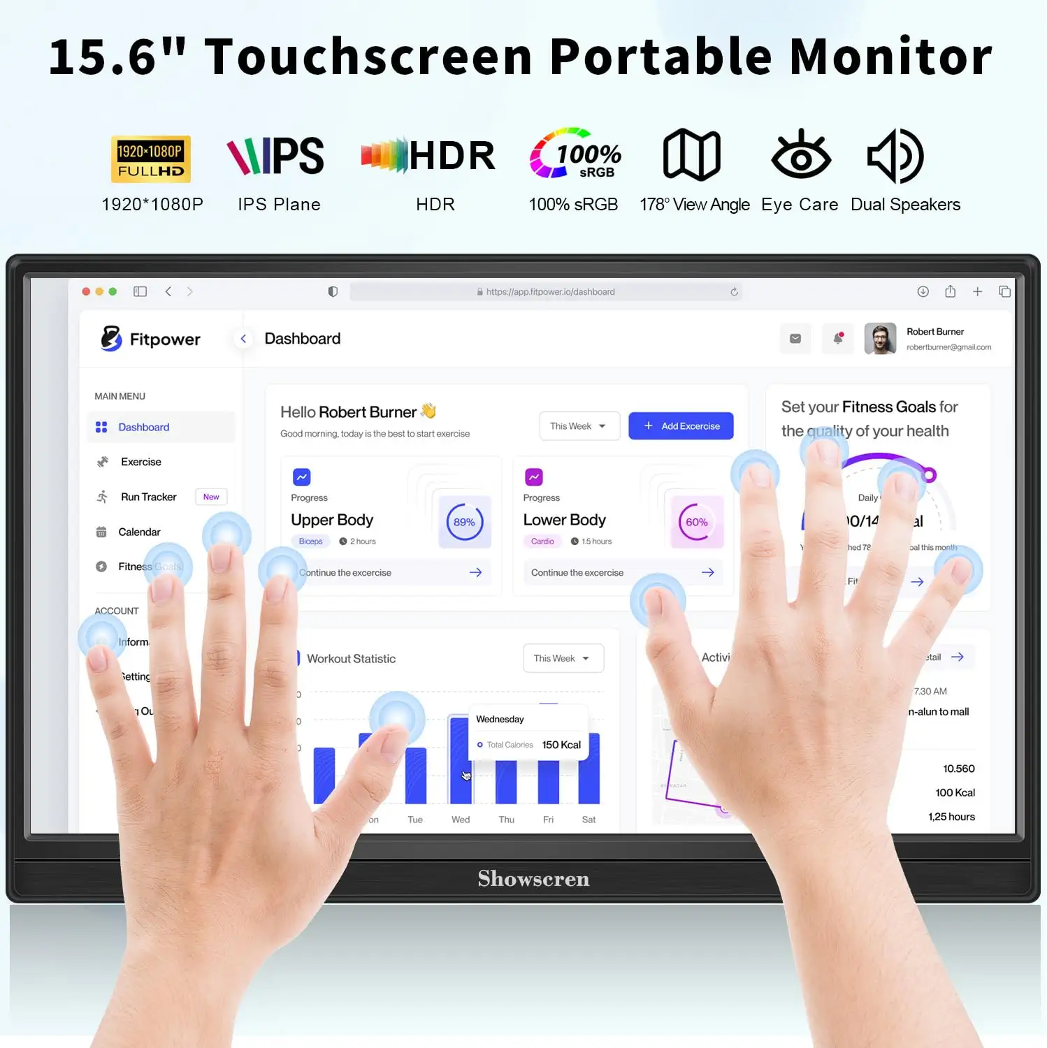 مانیتور قابل حمل صفحه لمسی ، مانیتور 15.6 اینچ showscren FHD 1920x1080